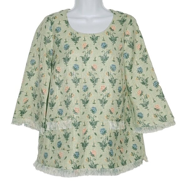 Tuckernuck Floral Blouse S Green 3/4 Sleeve Fringe Cottagecore Boho Wildflower - Picture 1 of 6